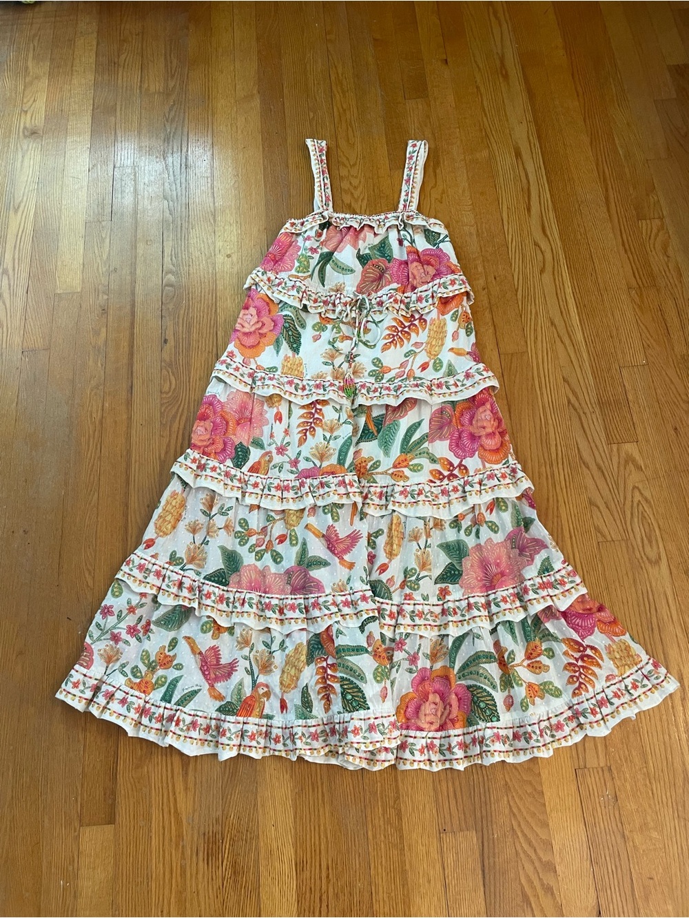 FARM Rio White Tiered Sundress with Pink & Green Floral Print